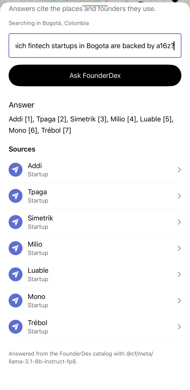 An Ask FounderDex answer listing fintech startups in Bogota with their sources.