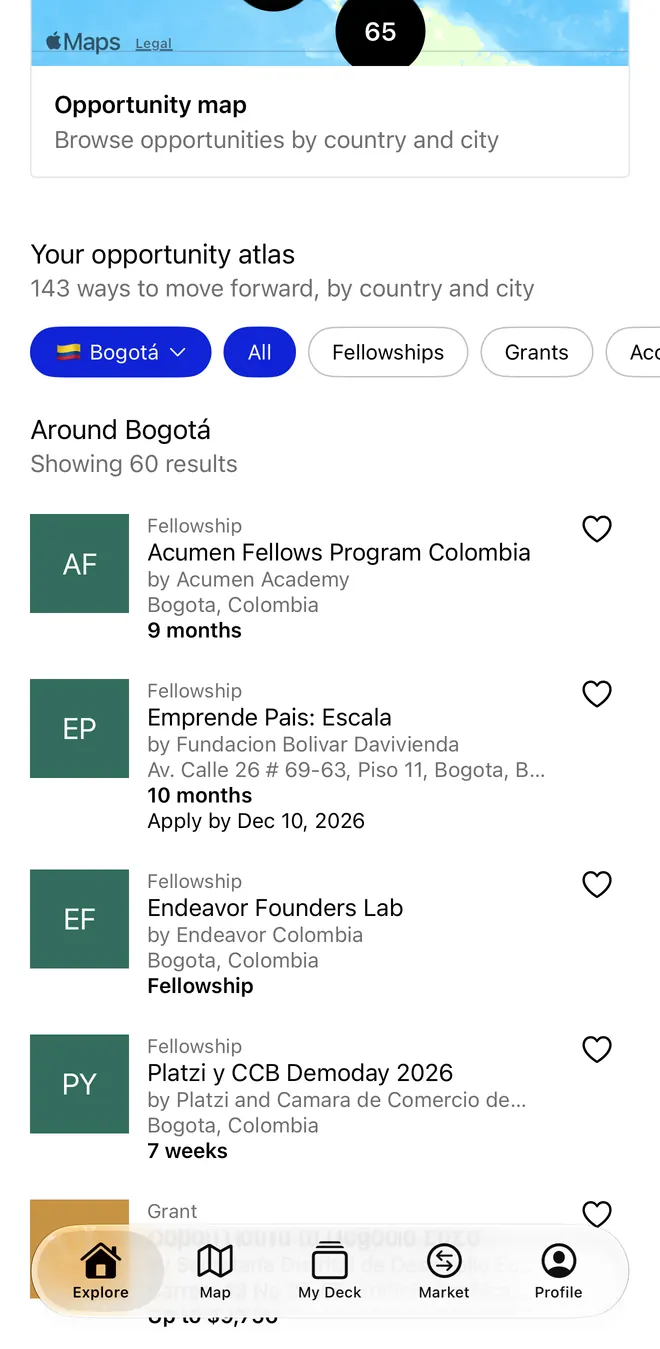 Explore in the app: fellowships around Bogota, Colombia, filtered by country and city.