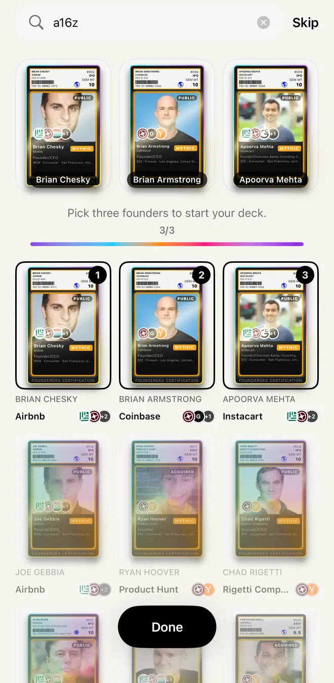 Founder cards in the app: Brian Chesky, Brian Armstrong and Apoorva Mehta picked for a new deck.